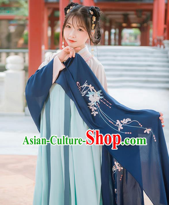Traditional Chinese Tang Dynasty Palace Princess Embroidered Hanfu Navy Wearing Silks for Women