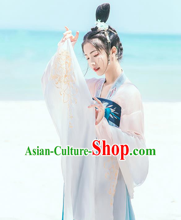 Traditional Chinese Tang Dynasty Palace Princess Embroidered Hanfu White Wide Wearing Silks for Women