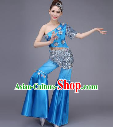 Traditional Chinese Dai Nationality Peacock Dance Costume, Folk Dance Ethnic Pavane Clothing, Chinese Minority Nationality Dance Blue Suit for Women