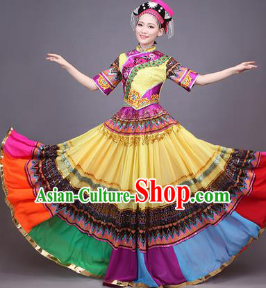 Traditional Chinese Yi Nationality Dance Costume, Yizu Female Folk Dance Ethnic Pleated Skirt, Chinese Yi Minority Nationality Embroidery Dress for Women