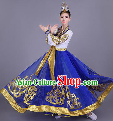 Traditional Korean Nationality Dance Costume, Chinese Minority Nationality Embroidery Hanbok Blue Dress for Women