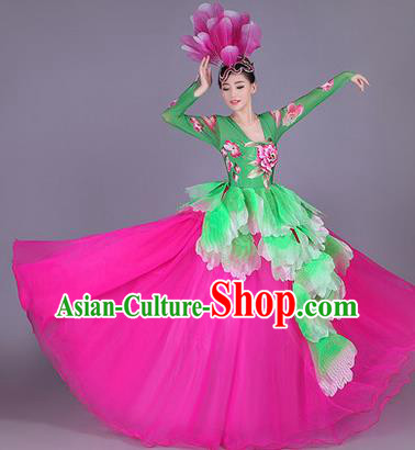 Top Grade China Opening Dance Costume, Female Chorus Classical Dance Dress, Chinese Modern Dance Big Swing Peony Bubble Dress for Women