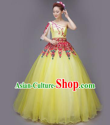 Traditional Chinese Modern Dance Compere Performance Costume, China Opening Dance Full Dress, Classical Dance Big Swing Yellow Veil Dress for Women