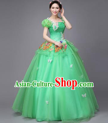 Traditional Chinese Modern Dance Compere Performance Costume, China Opening Dance Chorus Full Dress, Classical Dance Big Swing Green Veil Bubble Dress for Women