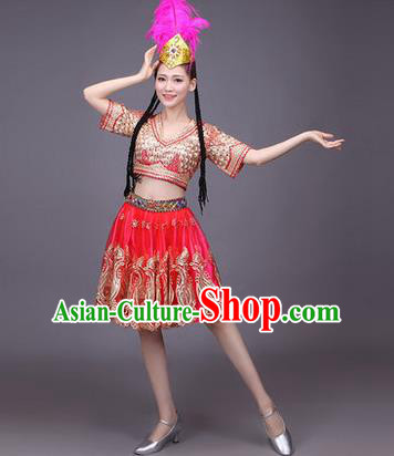 Traditional Chinese Uyghur Nationality Dancing Costume, Folk Dance Ethnic Costume, Chinese Minority Nationality Uigurian Dance Red Short Dress for Women