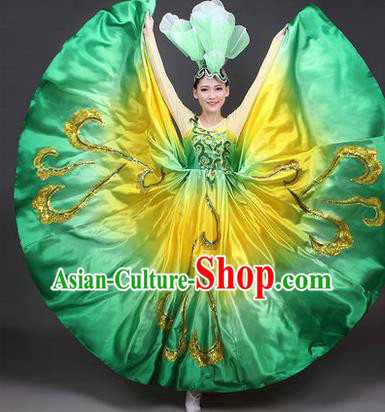 Traditional Chinese Modern Dance Compere Performance Costume, China Opening Dance Chorus Full Dress, Classical Dance Big Swing Green Dress for Women
