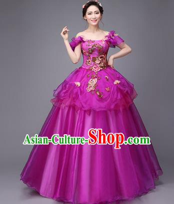 Traditional Chinese Modern Dance Compere Performance Costume, China Opening Dance Chorus Full Dress, Classical Dance Big Swing Purple Dress for Women