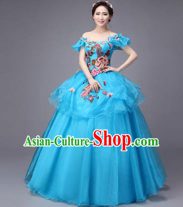 Traditional Chinese Modern Dance Compere Performance Costume, China Opening Dance Chorus Full Dress, Classical Dance Big Swing Blue Dress for Women