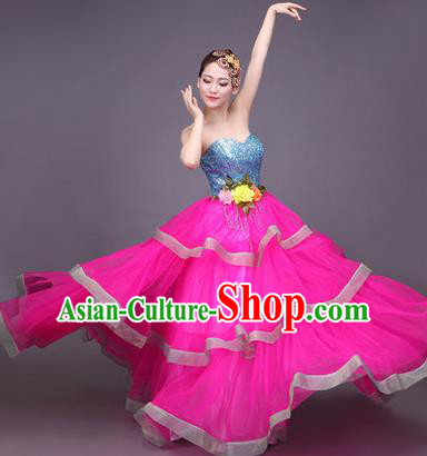 Traditional Chinese Modern Dance Compere Performance Costume, China Opening Dance Chorus Big Swing Full Dress, Classical Dance Layered Dress for Women