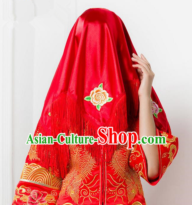 Traditional Chinese Wedding Costume Xiuhe Red Veil, Ancient Chinese Bride Embroidered Red Head Cover for Women