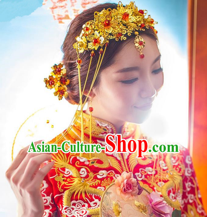Ancient style phoenix crown Chinese bride Xiuhe dress headdress wedding  tassel step Xiuhe hair ornament