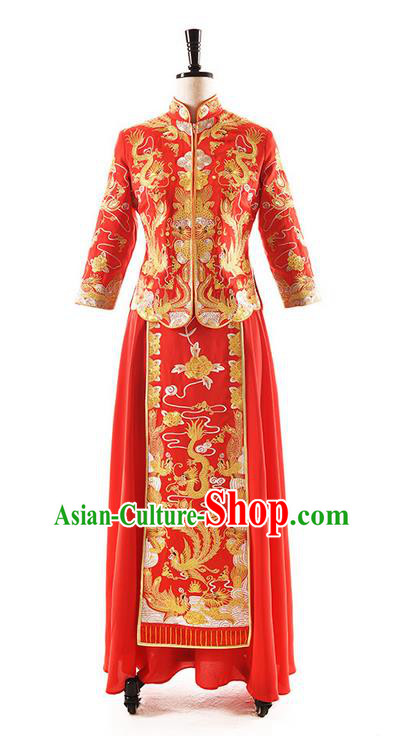 Traditional Chinese Wedding Costume XiuHe Suit Clothing Dragon and Phoenix Flown Slim Wedding Dress, Ancient Chinese Bride Hand Embroidered Phoenix Cheongsam Dress for Women