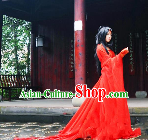 Traditional Chinese Tang Dynasty Peri Costume, Chinese Ancient Hanfu Imperial Princess Red Dress Clothing for Women