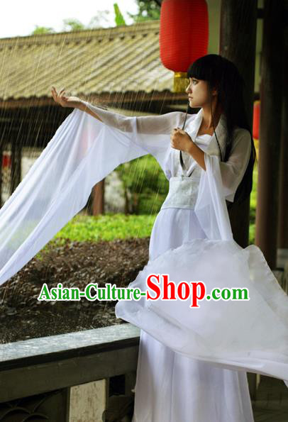Traditional Chinese Cosplay Peri Costume, Chinese Ancient Hanfu Tang Dynasty Imperial Princess Water Sleeve White Dance Dress Clothing for Women