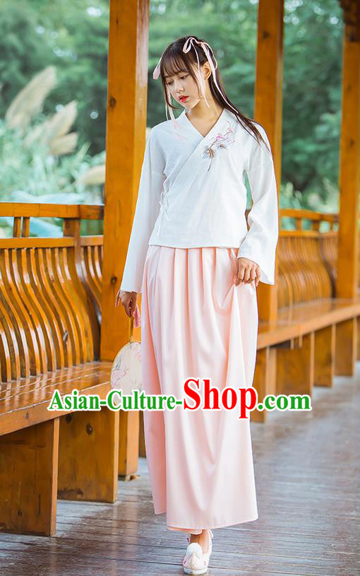 Traditional Chinese Han Dynasty Young Lady Costume, Elegant Hanfu Clothing Embroidered Blouse and Skirt, Chinese Ancient Imperial Princess Linen Slip Dress for Women