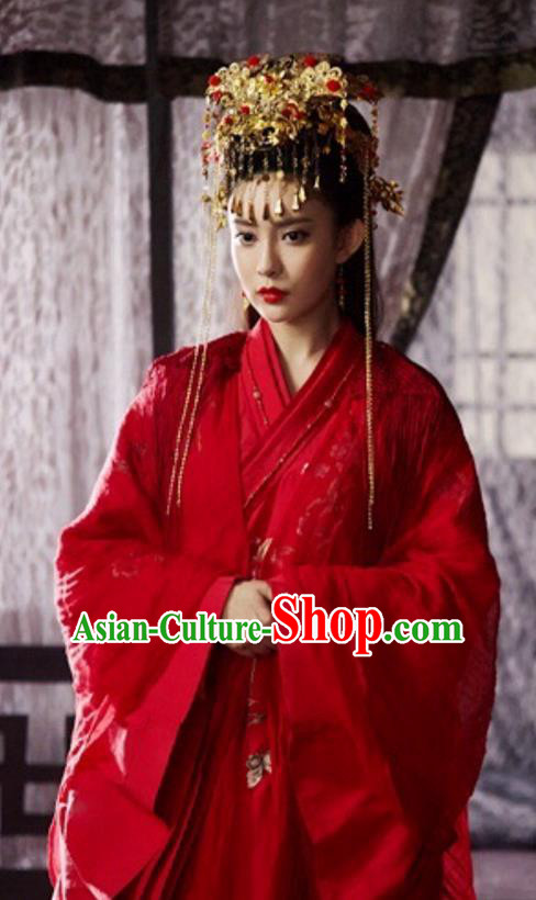 Traditional Ancient Chinese Wedding Bride Costume and Headwear Complete Set, The Legend of the Condor Heroes Chinese Song Dynasty Princess Hanfu Dress Clothing for Women