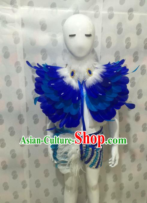 Top Grade Compere Professional Performance Catwalks Costume, Traditional Brazilian Rio Carnival Modern Dance Fancywork Blue Feather Swimsuit Clothing for Kids