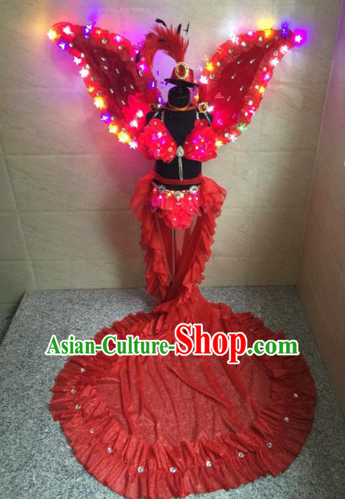 Top Grade Compere Professional Performance Catwalks Costume, Traditional Brazilian Rio Carnival Modern Dance Fancywork Red Feather Wings Swimsuit Led Clothing for Kids
