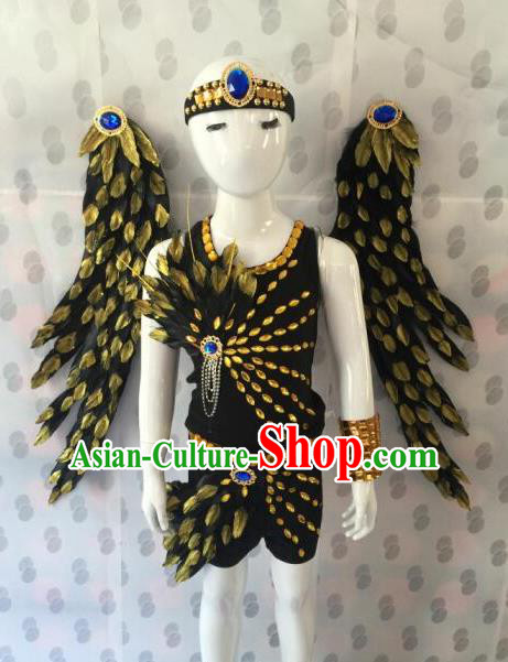 Top Grade Compere Professional Performance Catwalks Costumes, Traditional Brazilian Rio Carnival Dance Feather Fancywork Swimsuit Clothing for Kids