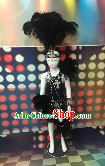 Top Grade Compere Professional Performance Catwalks Black Feather Costumes and Headpiece, Traditional Brazilian Rio Carnival Samba Opening Dance Swimsuit Clothing for Kids