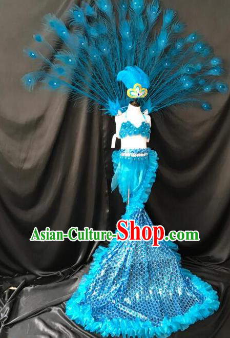 Top Grade Compere Professional Performance Catwalks Blue Peacock Feather Costumes, Traditional Brazilian Rio Carnival Samba Opening Dance Props Modern Fancywork Swimsuit Clothing for Kids