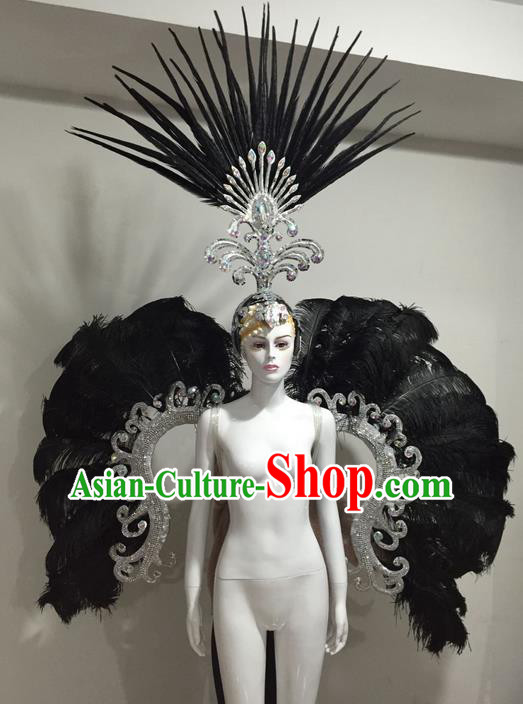 Top Grade Compere Professional Performance Catwalks Black Feather Large Size Wings Costume and Big Hair Accessories, Traditional Brazilian Rio Carnival Samba Opening Dance Suits Modern Fancywork Clothing for Women