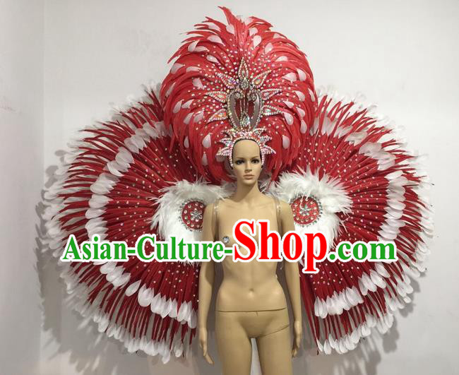 Top Grade Professional Performance Catwalks Red Feather Wings and Headwear, Brazilian Rio Carnival Samba Opening Dance Custom-made Customized Props Clothing for Women
