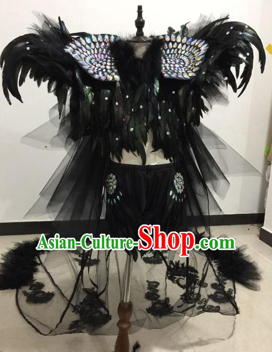 Top Grade Professional Performance Catwalks Swimsuit Black Feather Costume and Headpiece, Children Modern Dance Modern Fancywork Long Trailing Clothing for Kids