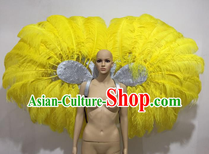 Top Grade Professional Stage Show Catwalks Yellow Feather Wings, Brazilian Rio Carnival Samba Opening Dance Custom-made Customized Props Clothing for Women