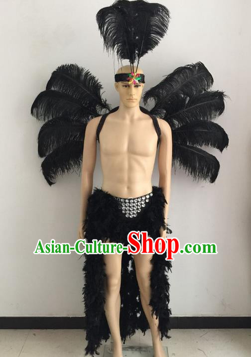 Top Grade Professional Stage Show Catwalks Halloween Black Feather Wings Costumes, Brazilian Rio Carnival Samba Opening Dance Custom-made Customized Swimsuit Clothing for Men