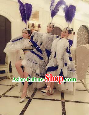 Top Grade Professional Stage Show Catwalks Halloween Dance Blue Feather Costumes and Headpiece, Brazilian Rio Carnival Samba Opening Dance Dress Custom-made Customized Big Swing Clothing for Women