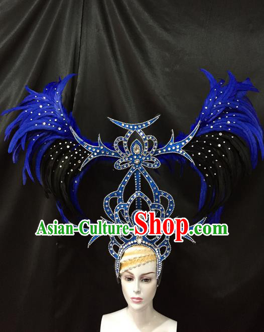 Top Grade Professional Stage Show Catwalks Brazil Parade Giant Blue Feather Headpiece, Brazilian Rio Carnival Samba Opening Dance Modern Fancywork  Big Hair Accessories Decorations for Women