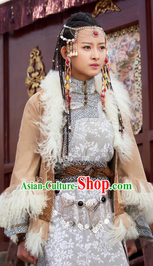Traditional Ancient Chinese Mongol Nationality Princess Costume, The Legend of the Condor Heroes Chinese Song Dynasty Heroine Young Lady Hua zheng Dress Clothing for Women