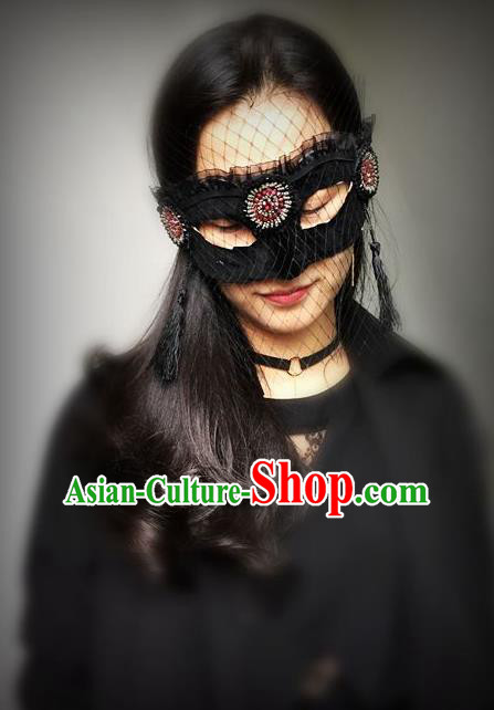 Top Grade Chinese Theatrical Luxury Headdress Ornamental Black Veil Mask, Halloween Fancy Ball Ceremonial Occasions Handmade Face Mask for Women