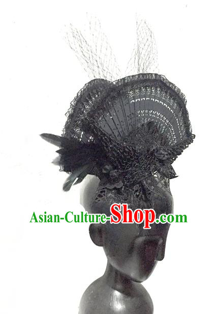 Top Grade Chinese Theatrical Headdress China Ornamental Manchu Princess Black Fan Hair Accessories, Asian Traditional Halloween Occasions Handmade Headwear for Women