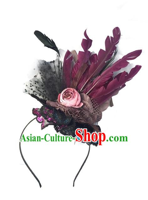 Top Grade Chinese Theatrical Headdress Ornamental Feather Hair Clasp, Asian Traditional Halloween Occasions Handmade Headwear for Women