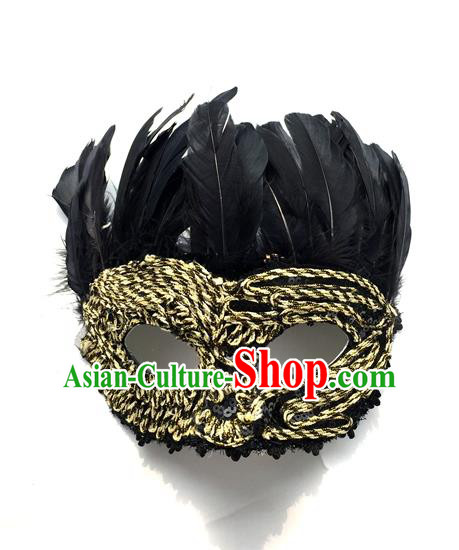 Top Grade Chinese Theatrical Headdress Traditional Ornamental Feather Mask, Brazilian Carnival Halloween Occasions Handmade Vintage Golden Mask for Men