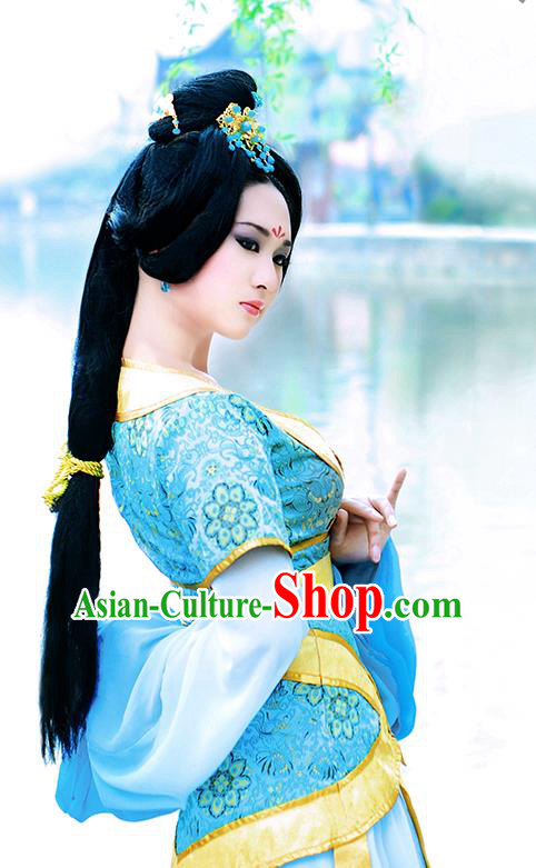 Traditional Ancient Chinese Young Lady Princess Blue Dance Costume, Chinese Han Dynasty Noble Lady Fairy Water Sleeve Dress Hanfu Clothing for Women