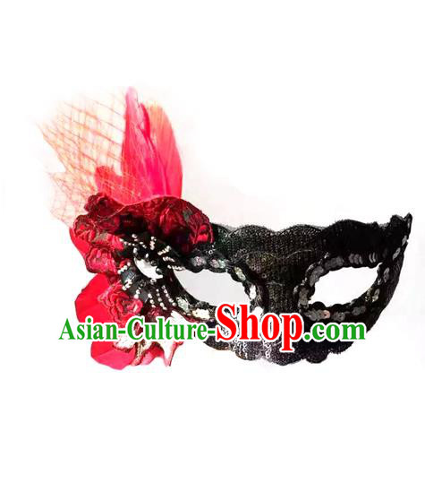 Top Grade Chinese Theatrical Headdress Ornamental Red Feather Mask, Brazilian Carnival Halloween Occasions Handmade Miami Debutante Black Mask for Women