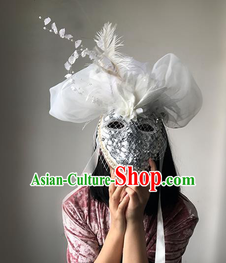 Top Grade Asian Headpiece Headdress Ornamental White Veil Mask, Brazilian Carnival Halloween Occasions Handmade Miami Cosplay Feather Mask for Women