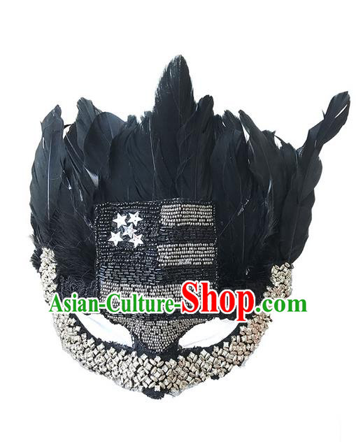 Top Grade Asian Headpiece Headdress Ornamental Cat Crystal Mask, Brazilian Carnival Halloween Occasions Handmade Miami Black Feather Mask for Women