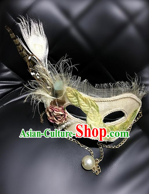 Top Grade Asian Headpiece Headdress Ornamental Cosplay Princess Feather Mask, Brazilian Carnival Halloween Occasions Handmade Miami Vintage White Mask for Women