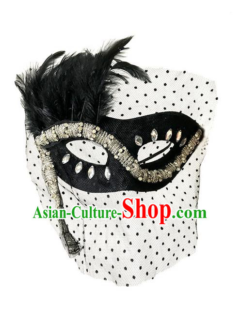 Top Grade Asian Headpiece Headdress Ornamental Cosplay Black Veil Crystal Mask, Brazilian Carnival Halloween Occasions Handmade Miami Vintage Mask for Women