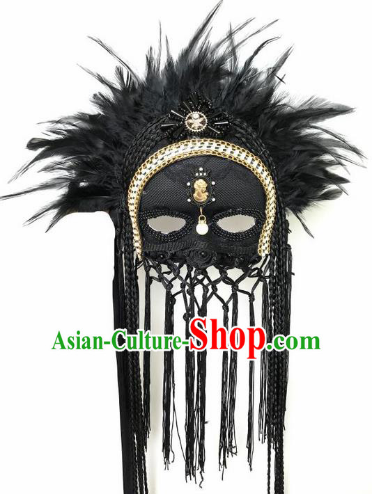 Top Grade Asian Headpiece Headdress Ornamental Cosplay Feather Mask, Brazilian Carnival Halloween Occasions Handmade Miami Vintage Black Tassel Mask for Women