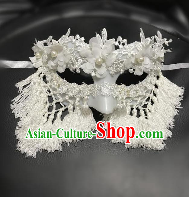 Top Grade Asian Headpiece Headdress Ornamental Cosplay Mask, Brazilian Carnival Halloween Occasions Handmade Miami Vintage White Tassel Mask for Women