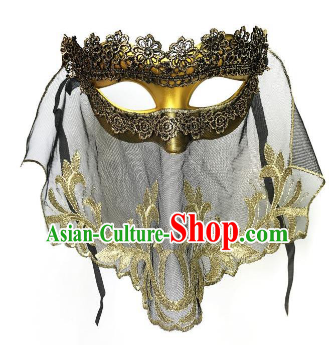 Top Grade Asian Headpiece Headdress Ornamental Cosplay Golden Mask, Brazilian Carnival Halloween Occasions Handmade Miami Vintage Lace Mask for Women