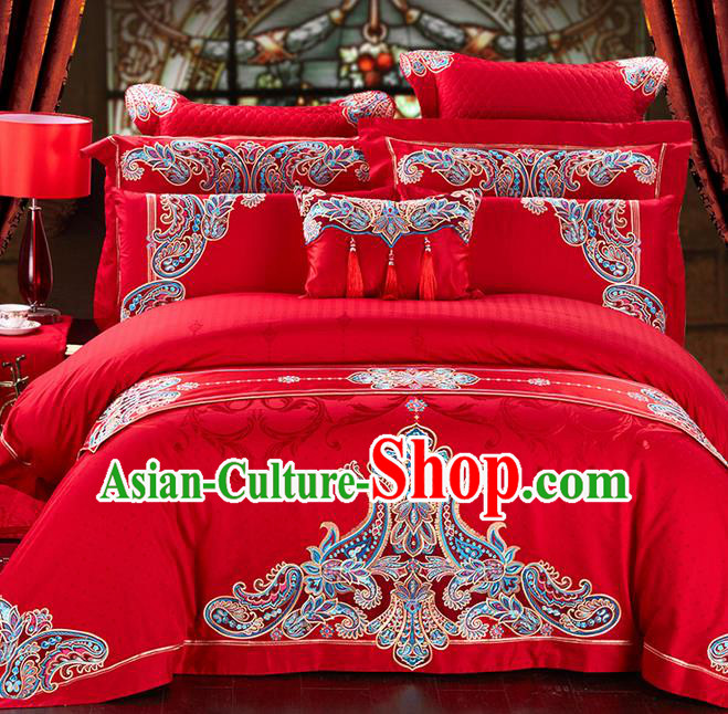 Traditional Asian Chinese Style Wedding Article Palace Lace Qulit Cover Bedding Sheet Bed Flag Complete Set, Embroidered Satin Drill Eleven-piece Duvet Cover Textile Bedding Suit