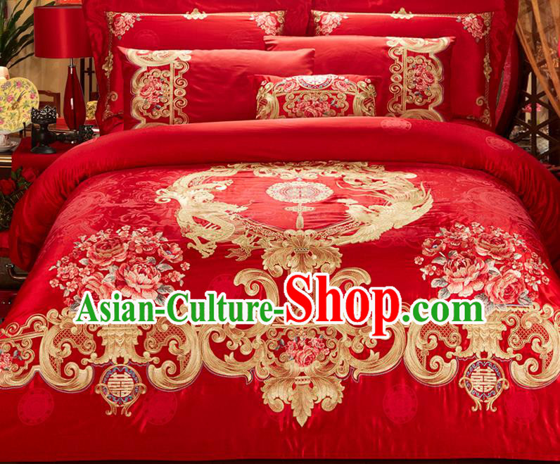 Traditional Asian Chinese Wedding Palace Qulit Cover Bedding Sheet Ten-piece Suit, Embroidered Peony Dragon and Phoenix Satin Drill Duvet Cover Textile Bedding Complete Set
