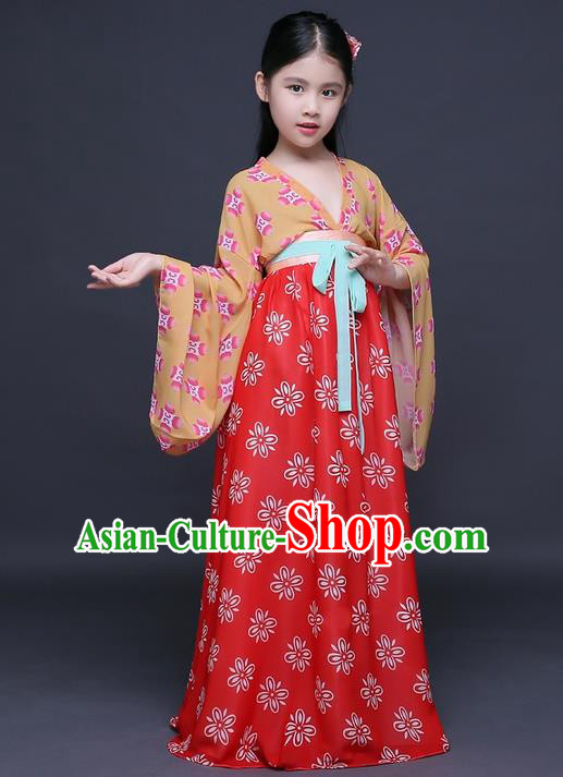 Traditional Ancient Chinese Imperial Princess Fairy Printing Phoenix Costume, Children Elegant Hanfu Clothing Chinese Tang Dynasty Red Ruqun Dress Clothing for Kids