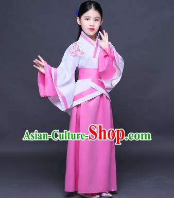 Traditional Ancient Chinese Imperial Princess Fairy Embroidery Costume, Children Elegant Hanfu Clothing Han Dynasty Pink Curve Bottom Dress Clothing for Kids
